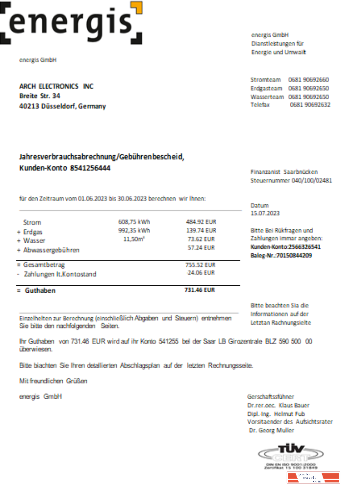 Germany Energis utility business bill,  SCR PSD template